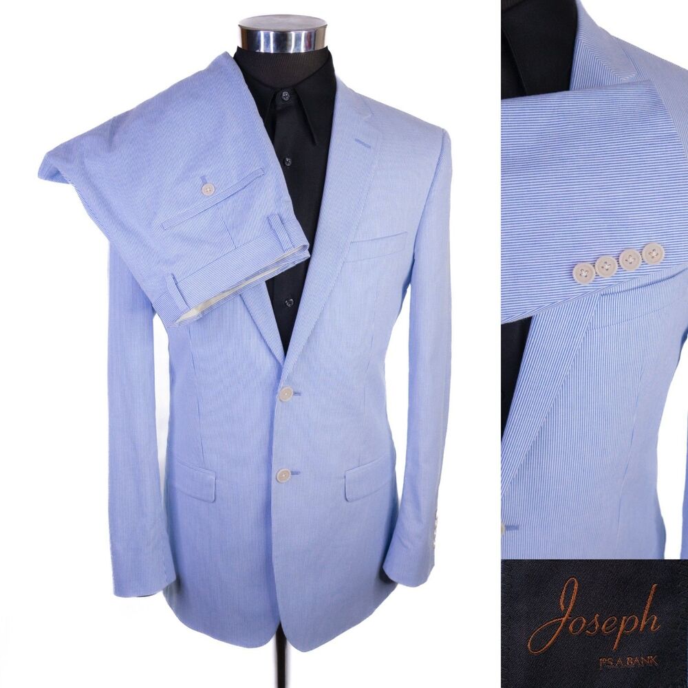 Joseph Jos A Bank 2-Pcs Striped Cotton Blue Suit Blazer Jacket 39L Pants 33X31